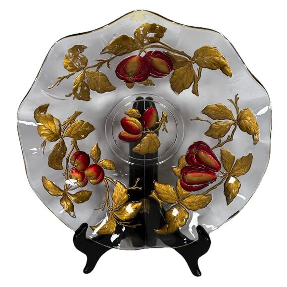 Vintage Glass Intaglio Plate Dish Goofus Glass Ruffled Gold Rim Red Fruit 10.5" - Picture 1 of 16